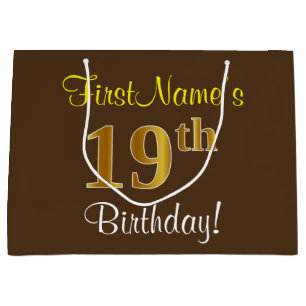 Elegant, Brown, Faux Gold 19th Birthday + Name Large Gift Bag