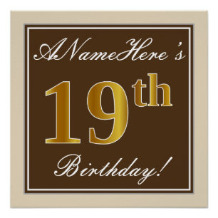 Elegant, Brown, Faux Gold 19th Birthday + Name Poster