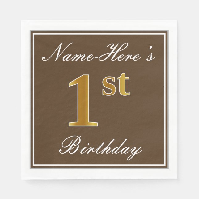 Elegant Brown, Faux Gold 1st Birthday; Custom Name Napkin (Front)