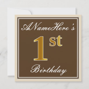 Elegant, Brown, Faux Gold 1st Birthday + Name Invitation