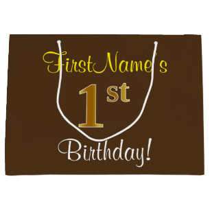 Elegant, Brown, Faux Gold 1st Birthday + Name Large Gift Bag