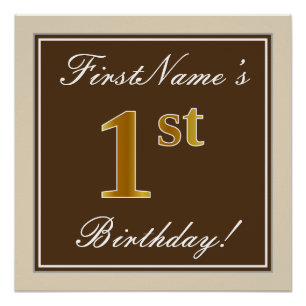 Elegant, Brown, Faux Gold 1st Birthday + Name Poster