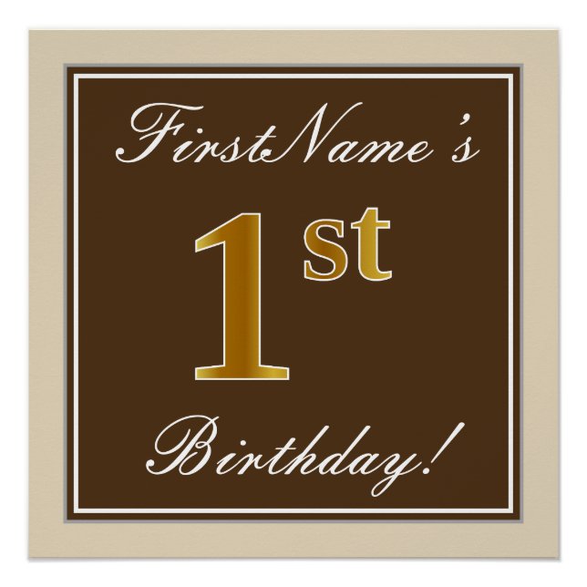 Elegant, Brown, Faux Gold 1st Birthday + Name Poster (Front)
