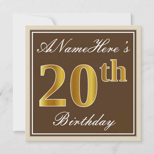 Elegant, Brown, Faux Gold 20th Birthday + Name Invitation (Front)