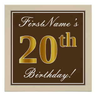 Elegant, Brown, Faux Gold 20th Birthday + Name Poster