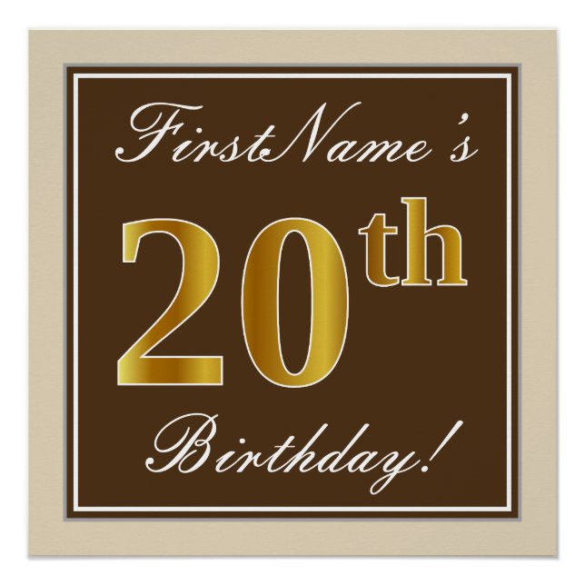 Elegant, Brown, Faux Gold 20th Birthday + Name Poster (Front)