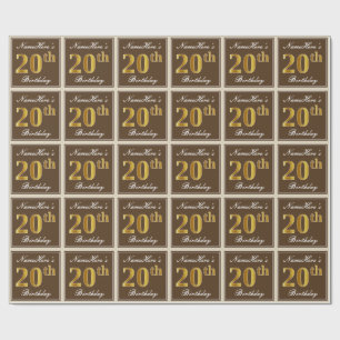 Elegant, Brown, Faux Gold 20th Birthday + Name Wrapping Paper