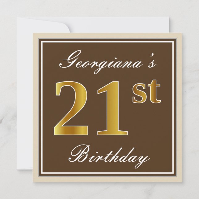 Elegant, Brown, Faux Gold 21st Birthday + Name Invitation (Front)