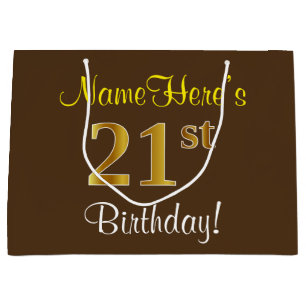 Elegant, Brown, Faux Gold 21st Birthday + Name Large Gift Bag