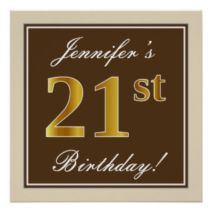 Elegant, Brown, Faux Gold 21st Birthday + Name Poster