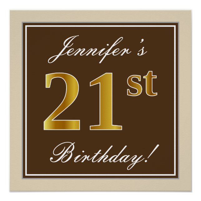 Elegant, Brown, Faux Gold 21st Birthday + Name Poster (Front)