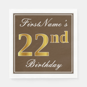 Elegant Brown, Faux Gold 22nd Birthday + Name Napkin