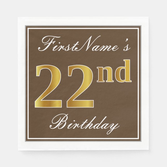 Elegant Brown, Faux Gold 22nd Birthday + Name Napkin (Front)