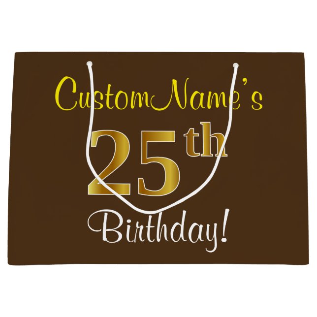 Elegant, Brown, Faux Gold 25th Birthday + Name Large Gift Bag (Front)