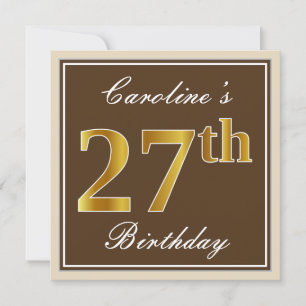 Elegant, Brown, Faux Gold 27th Birthday + Name Invitation