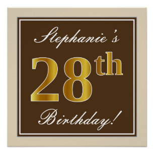 Elegant, Brown, Faux Gold 28th Birthday + Name Poster
