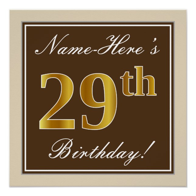 Elegant, Brown, Faux Gold 29th Birthday + Name Poster (Front)