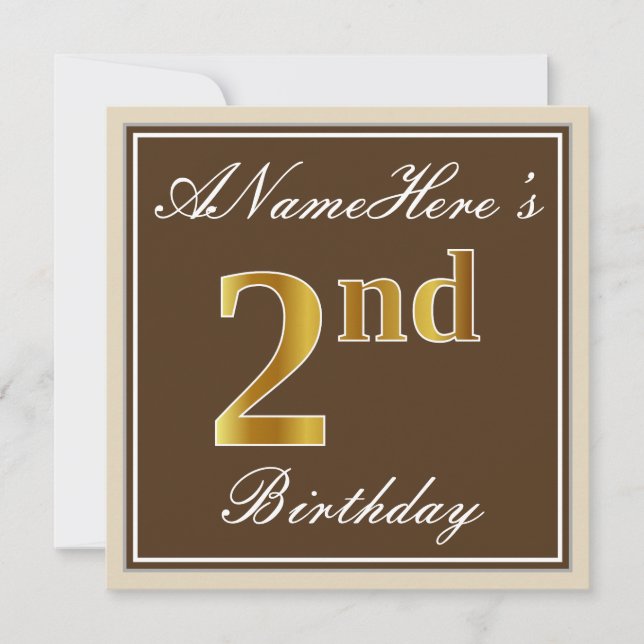Elegant, Brown, Faux Gold 2nd Birthday + Name Invitation (Front)