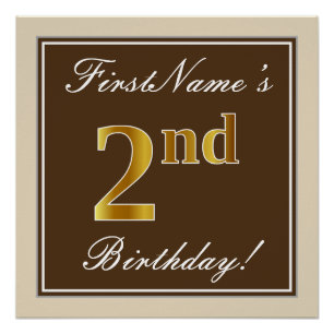 Elegant, Brown, Faux Gold 2nd Birthday + Name Poster