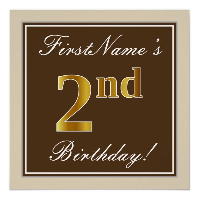 Elegant, Brown, Faux Gold 2nd Birthday + Name Poster (Front)