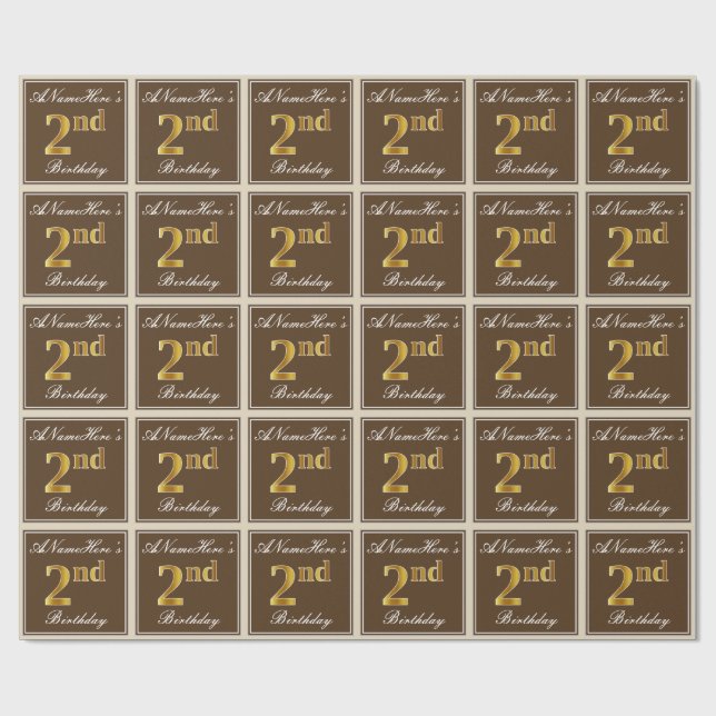 Elegant, Brown, Faux Gold 2nd Birthday + Name Wrapping Paper (Flat)