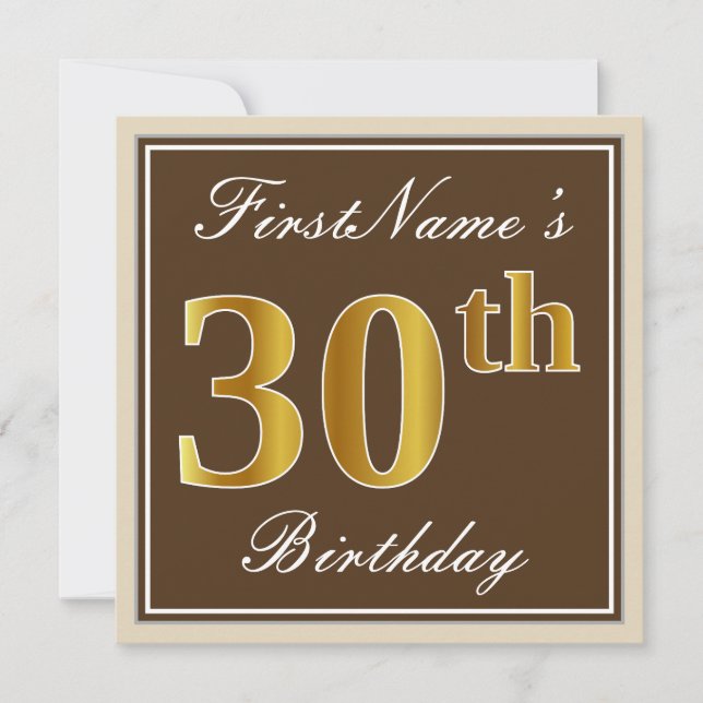 Elegant, Brown, Faux Gold 30th Birthday + Name Invitation (Front)