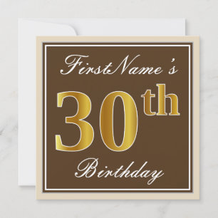 Elegant, Brown, Faux Gold 30th Birthday + Name Invitation