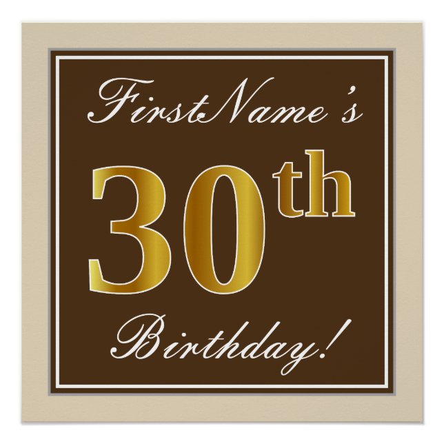 Elegant, Brown, Faux Gold 30th Birthday + Name Poster (Front)