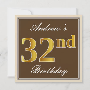 Elegant, Brown, Faux Gold 32nd Birthday + Name Invitation