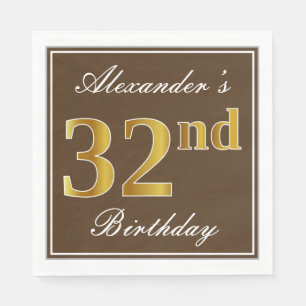 Elegant Brown, Faux Gold 32nd Birthday + Name Napkin