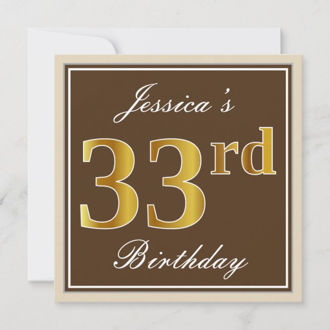 Elegant, Brown, Faux Gold 33rd Birthday + Name Invitation (Front)