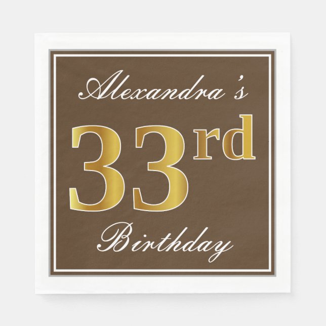 Elegant Brown, Faux Gold 33rd Birthday + Name Napkin (Front)