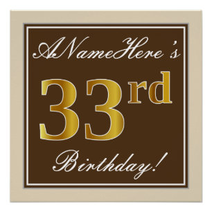 Elegant, Brown, Faux Gold 33rd Birthday + Name Poster