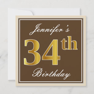 Elegant, Brown, Faux Gold 34th Birthday + Name Invitation