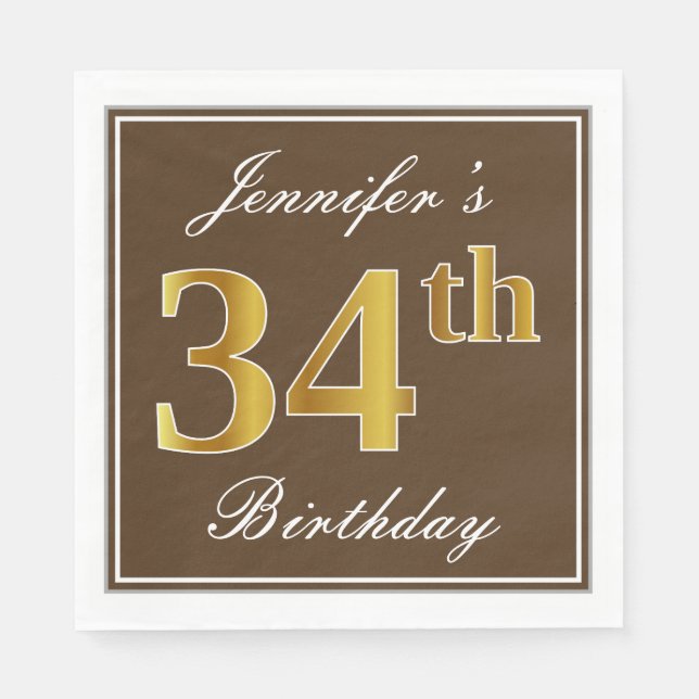 Elegant Brown, Faux Gold 34th Birthday + Name Napkin (Front)