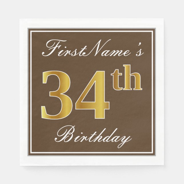 Elegant Brown, Faux Gold 34th Birthday + Name Napkin (Front)