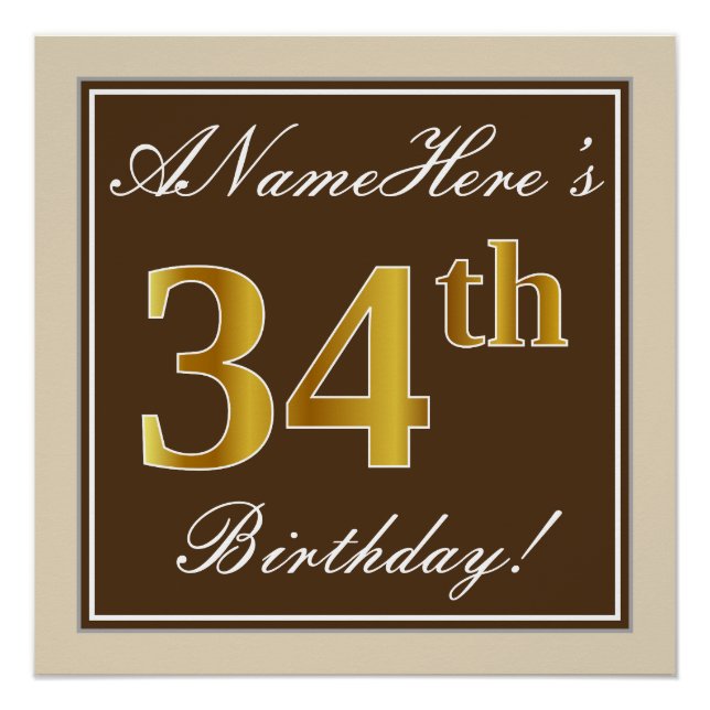Elegant, Brown, Faux Gold 34th Birthday + Name Poster (Front)