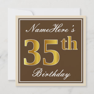 Elegant, Brown, Faux Gold 35th Birthday + Name Invitation