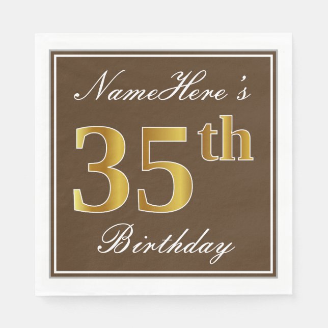 Elegant Brown, Faux Gold 35th Birthday + Name Napkin (Front)