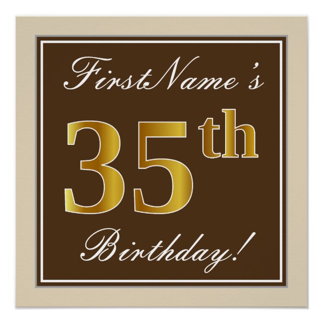 Elegant, Brown, Faux Gold 35th Birthday + Name Poster (Front)