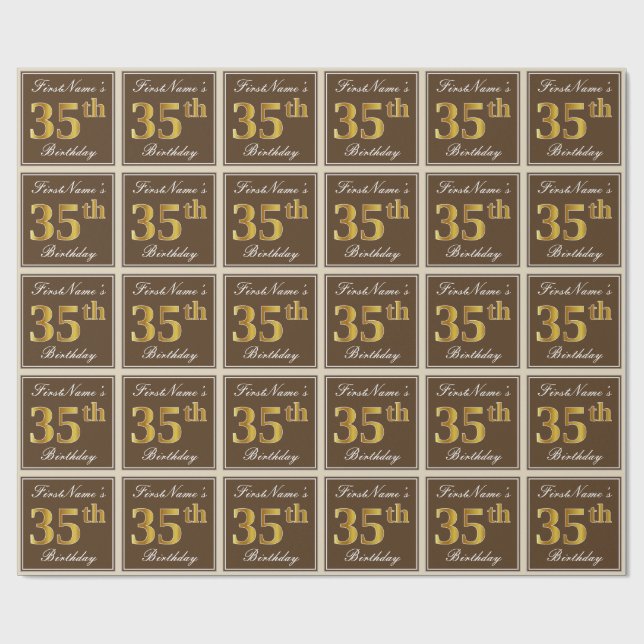 Elegant, Brown, Faux Gold 35th Birthday + Name Wrapping Paper (Flat)