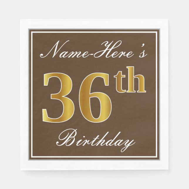Elegant Brown, Faux Gold 36th Birthday + Name Napkin (Front)