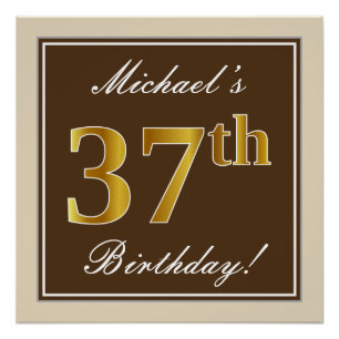 Elegant, Brown, Faux Gold 37th Birthday + Name Poster