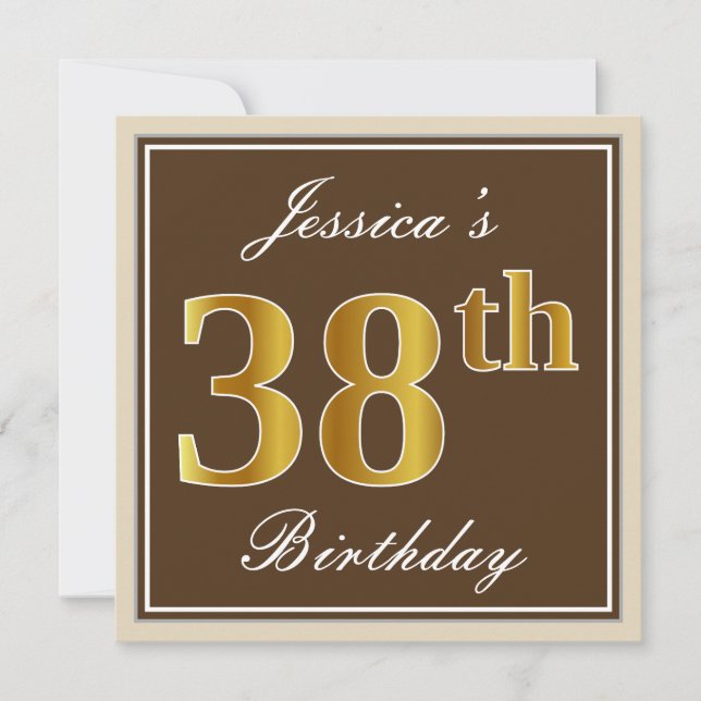 Elegant, Brown, Faux Gold 38th Birthday + Name Invitation (Front)