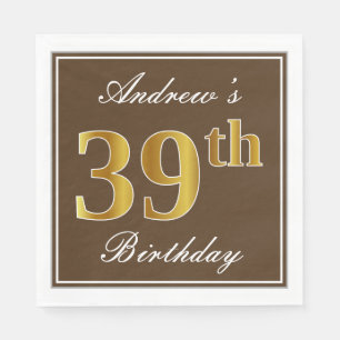 Elegant Brown, Faux Gold 39th Birthday + Name Napkin