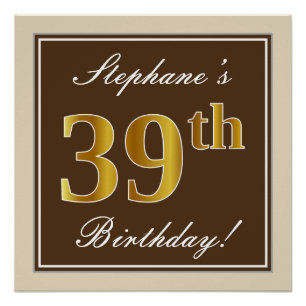 Elegant, Brown, Faux Gold 39th Birthday + Name Poster