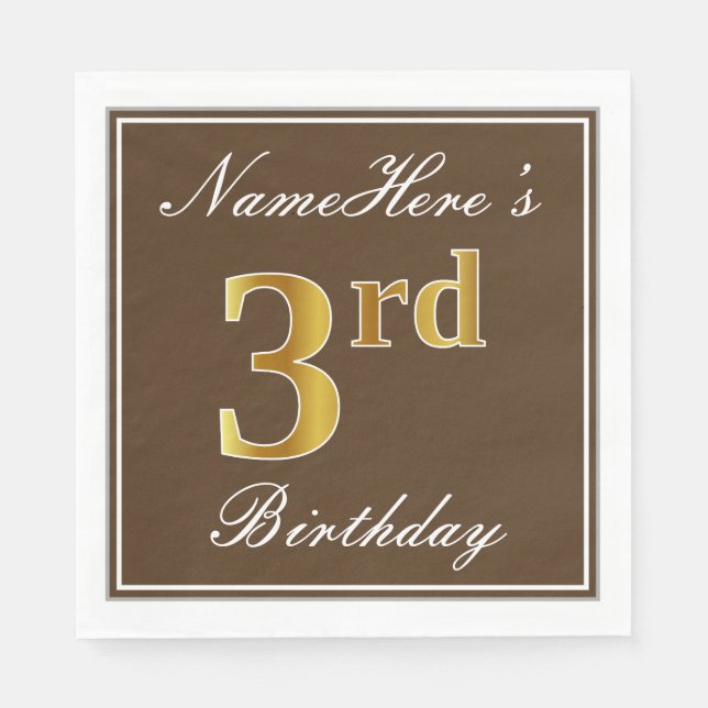 Elegant Brown, Faux Gold 3rd Birthday; Custom Name Napkin (Front)