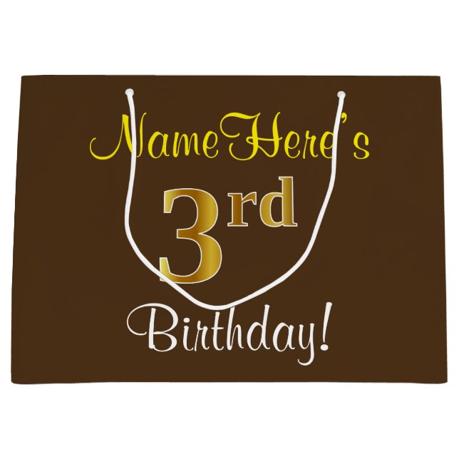Elegant, Brown, Faux Gold 3rd Birthday + Name Large Gift Bag (Front)
