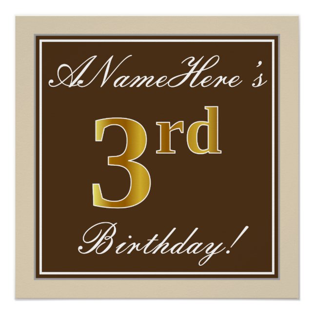 Elegant, Brown, Faux Gold 3rd Birthday + Name Poster (Front)