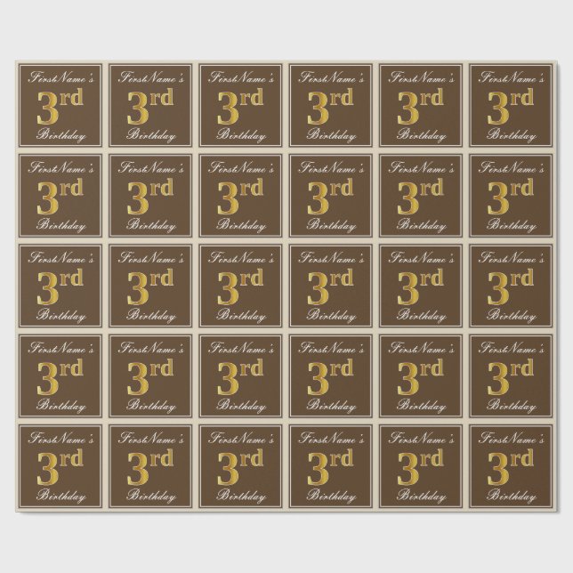 Elegant, Brown, Faux Gold 3rd Birthday + Name Wrapping Paper (Flat)